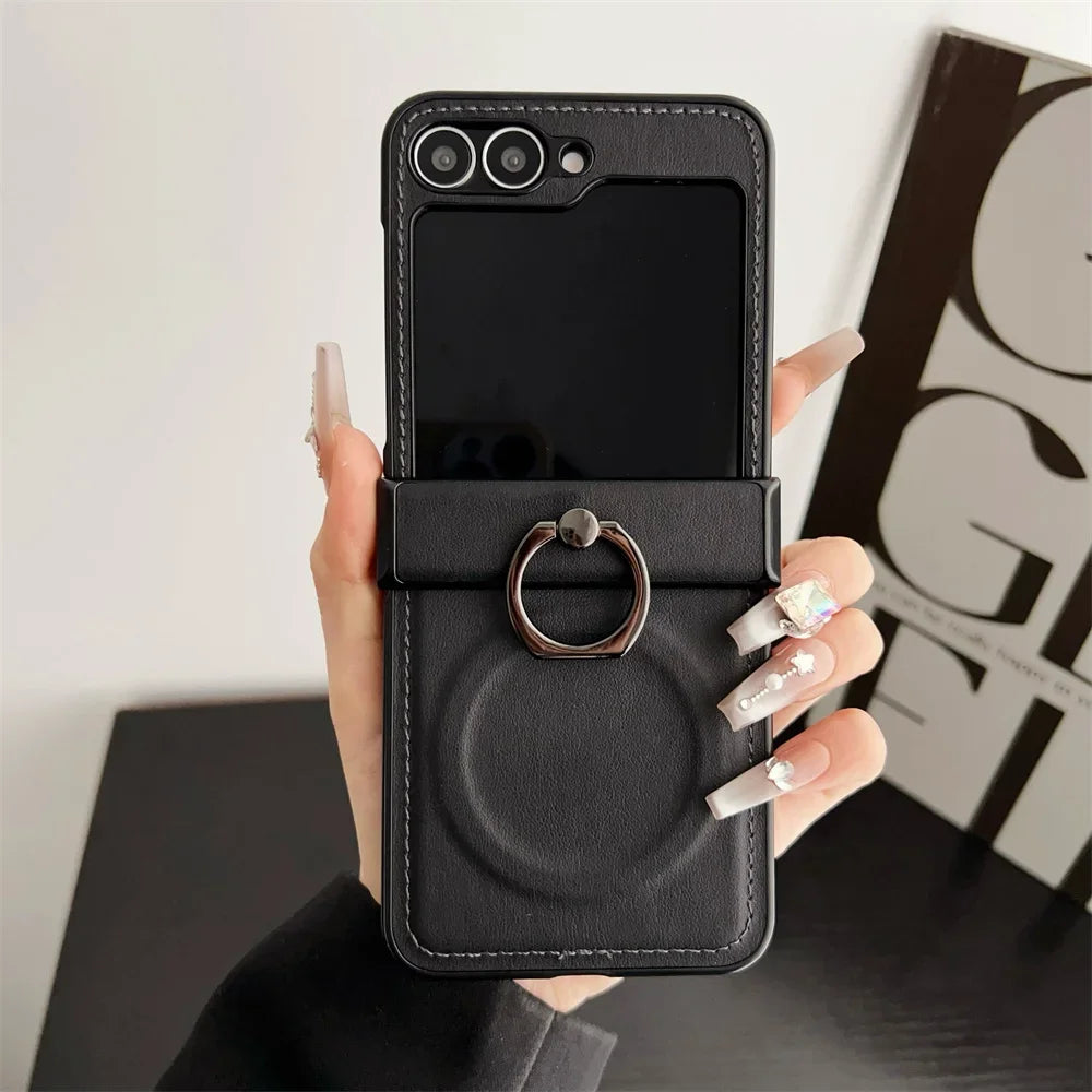Magnetic Leather Case with Ring for Galaxy Z Flip 7 / Flip 8