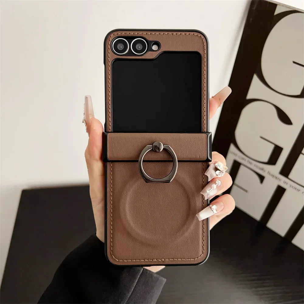 Magnetic Leather Case with Ring for Galaxy Z Flip 7 / Flip 8