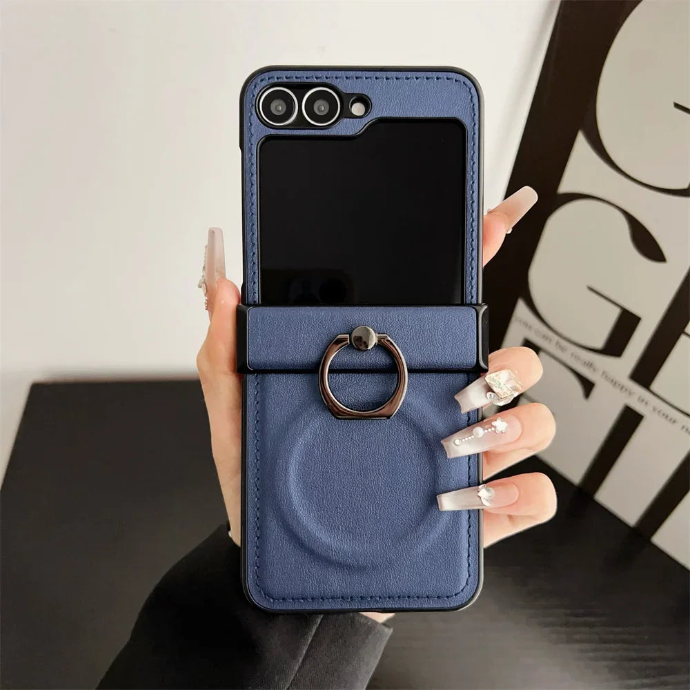 Magnetic Leather Case with Ring for Galaxy Z Flip 7 / Flip 8
