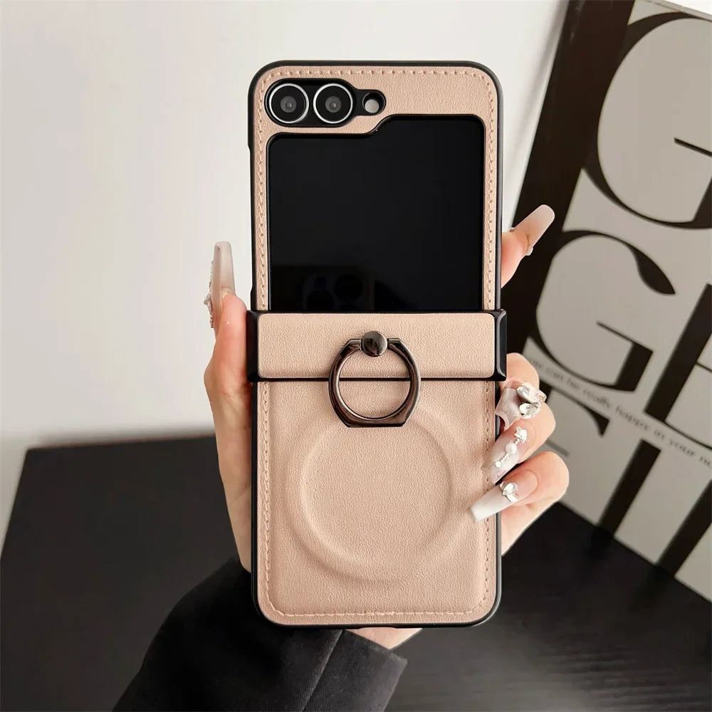 Magnetic Leather Case with Ring for Galaxy Z Flip 7 / Flip 8