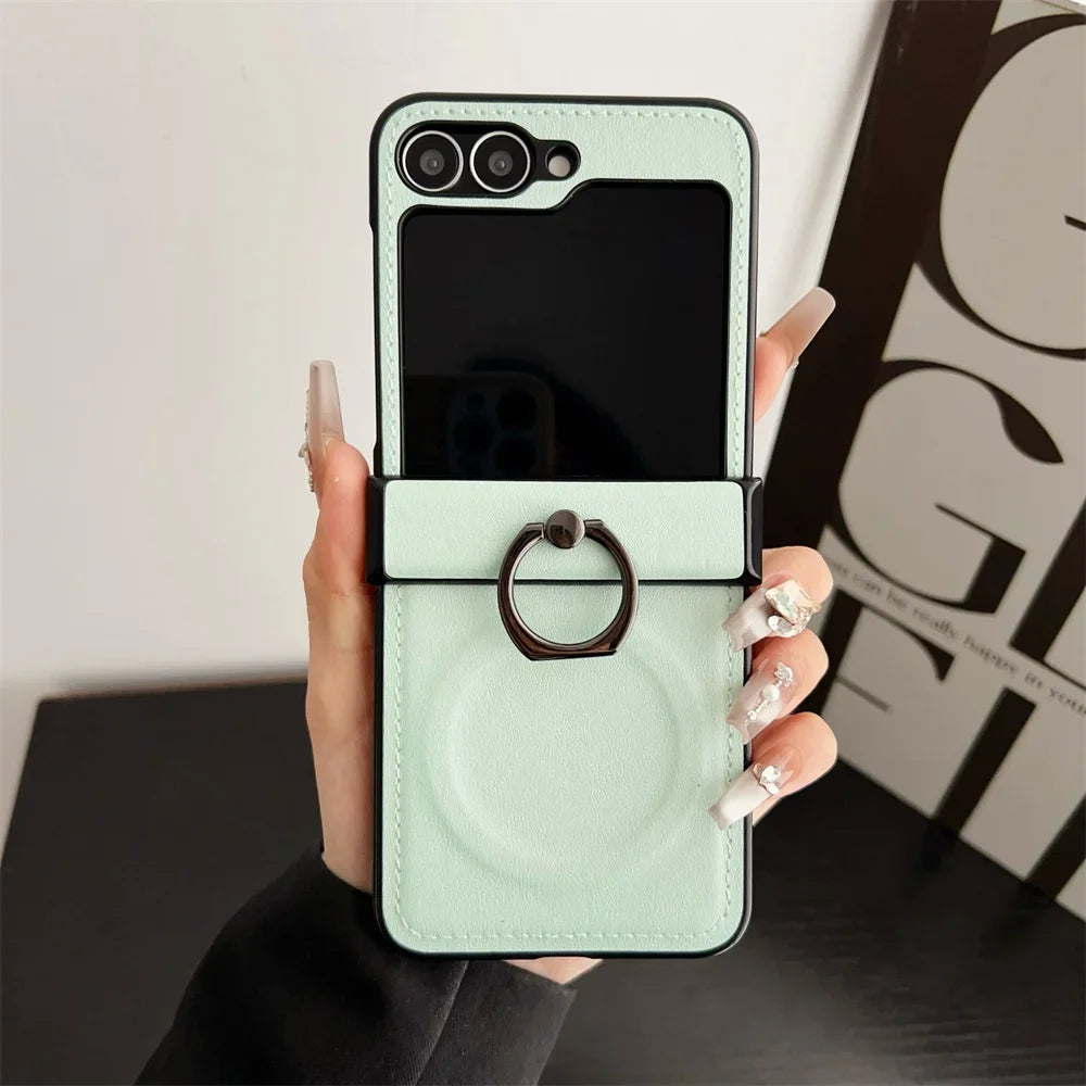 Magnetic Leather Case with Ring for Galaxy Z Flip 7 / Flip 8